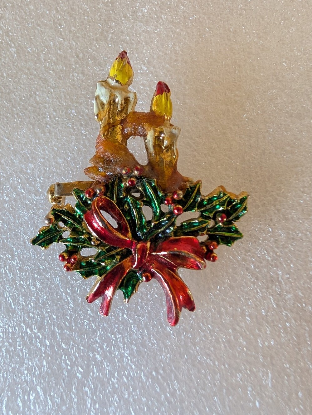 Festive Holly & Bow Brooch with Candles - Red & Green